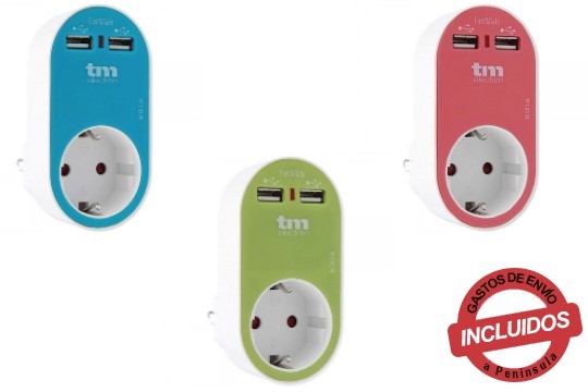 ENCHUFE PARED CON 2 PUERTOS USB, en 3 colores
